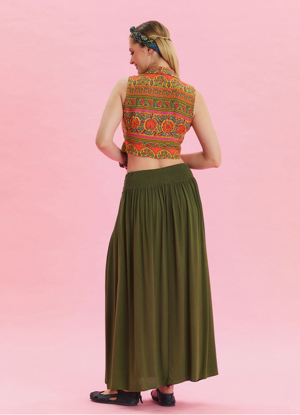 Khaki Bohemian Skirt with Elastic Waist and Drape Detail 4494